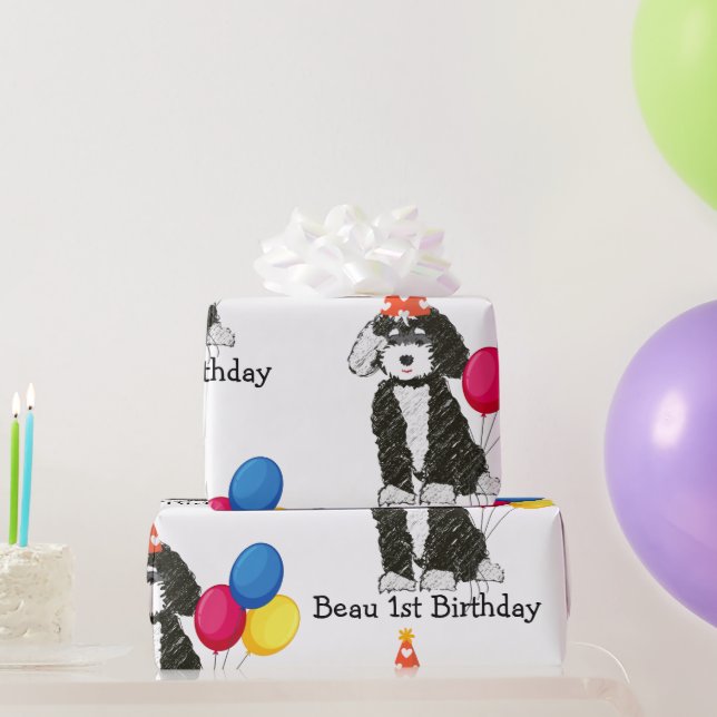 Custom Happy Birthday Black & White Bernedoodle Wr Wrapping Paper (Party Gifts)