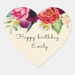 Custom Happy Birthday floral Name Heart Sticker