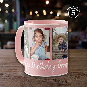 Custom Happy Birthday Grandma Five Photo Pink  Mug