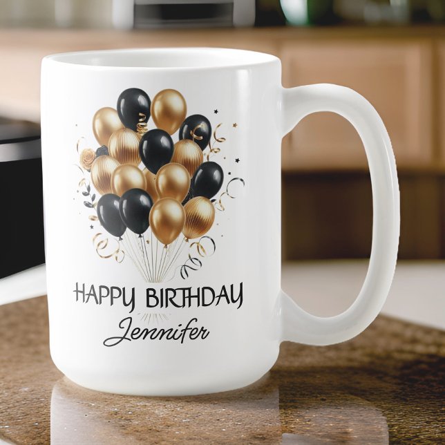 Custom Happy Birthday Mug, Gift for Her or Girls Coffee Mug (happy birthday mug, black and gold balloons mug, custom name mug, personalized birthday gift,)