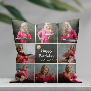 Custom Happy Birthday Photo Collage Throw Pillow