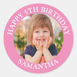 Custom Happy Birthday Photo Name Age  Classic Round Sticker