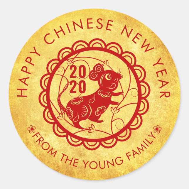 Custom Happy Chinese New Year Rat 2020 Gold Red Classic Round Sticker (Front)