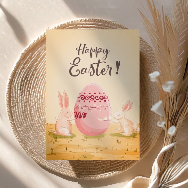 Custom Happy Easter Bunnies Painting Pink Egg Holiday Card (Creator Uploaded)