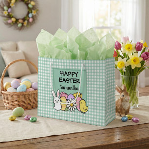 Custom Happy Easter Bunny Chick Green Gingham Large Gift Bag