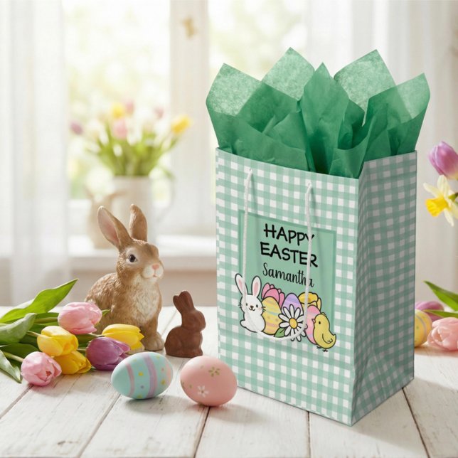 Custom Happy Easter Bunny Chick Green Gingham Medium Gift Bag (Creator Uploaded)