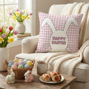 Custom Happy Easter Bunny Pink Gingham Plaid Cushion