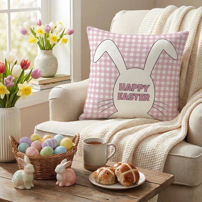Custom Happy Easter Bunny Pink Gingham Plaid Cushion (Creator Uploaded)
