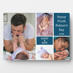Custom Happy First Father's Day 4 Photo Collage Plaque