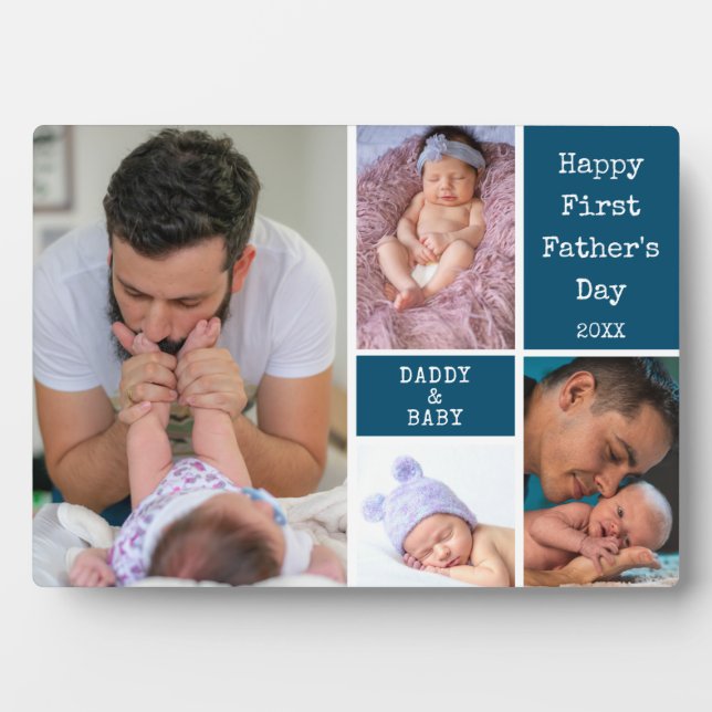 Custom Happy First Father's Day 4 Photo Collage Plaque (Front)
