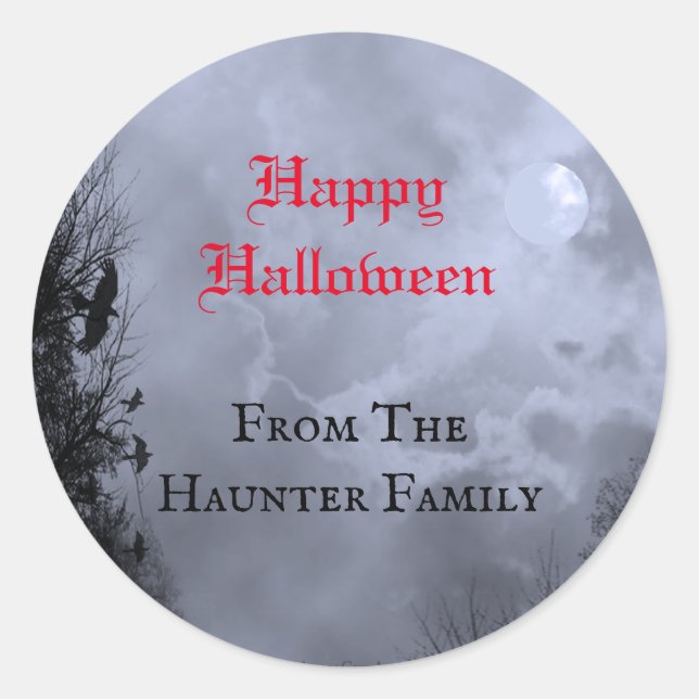 Custom Happy Halloween Red Full Moon and Raven Classic Round Sticker (Front)