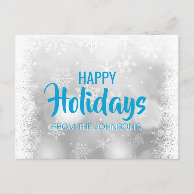 Custom HAPPY HOLIDAYS Blue Silver Snow Snowflakes Holiday Postcard (Front)