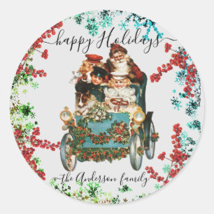 Custom Happy Holidays Chic Rustic Vintage Ephemera Classic Round Sticker