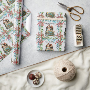 Custom Happy Holidays Chic Rustic Vintage Ephemera Wrapping Paper