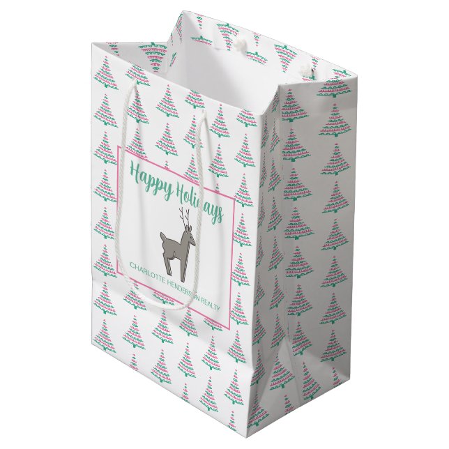 Custom Happy Holidays Christmas Tree Medium Gift Bag (Front Angled)