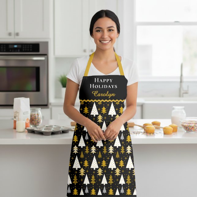 Custom Happy Holidays Christmas Trees Gold Black Apron (Custom Happy Holidays Christmas Trees Gold Black Apron with Name in Script Calligraphy.)
