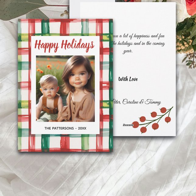 Custom Happy Holidays Fun Plaid Red Green Photo Holiday Card (Creator Uploaded)