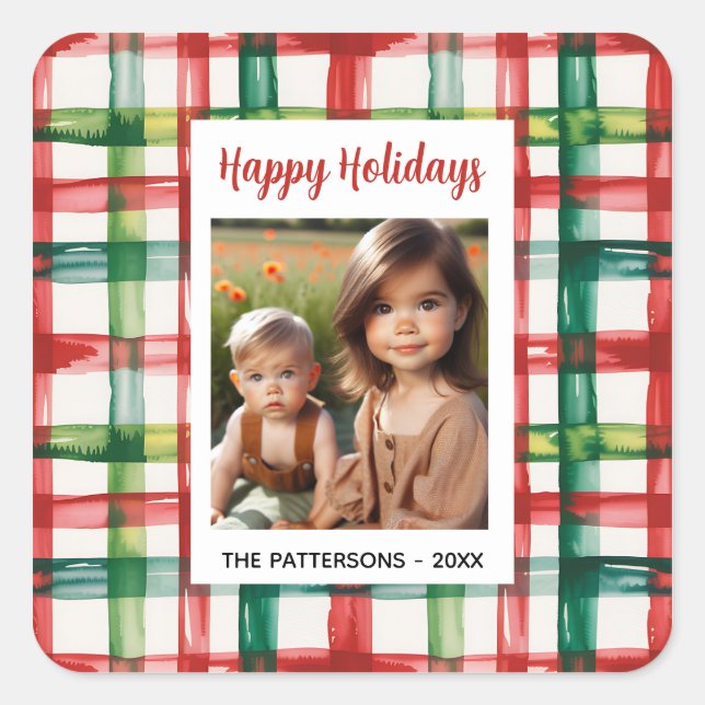 Custom Happy Holidays Fun Plaid Red Green Photo Square Sticker (Front)