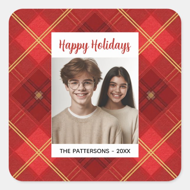 Custom Happy Holidays Fun Plaid Red Green Photo Square Sticker (Front)