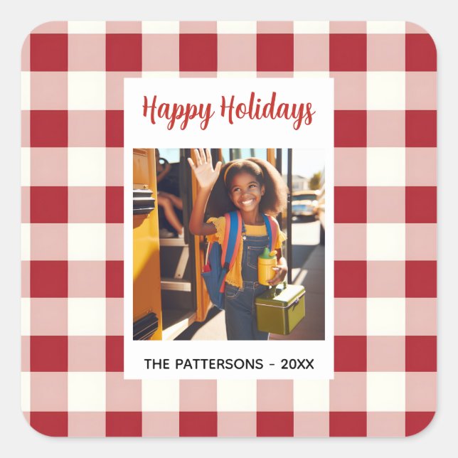 Custom Happy Holidays Fun Plaid Red White Photo Square Sticker (Front)