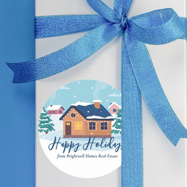 Custom Happy Holidays Real Estate Company Gift Classic Round Sticker (Creator Uploaded)