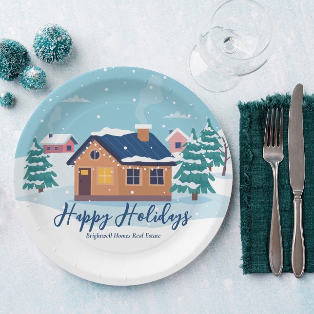 Custom Happy Holidays Real Estate Company Party Paper Plate (Creator Uploaded)