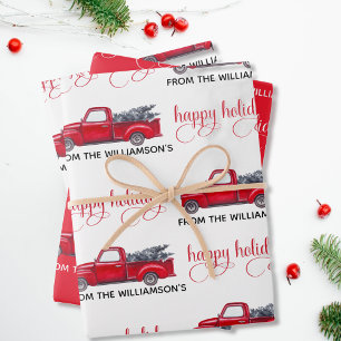 Custom Happy Holidays, Red Vintage Truck Christmas Wrapping Paper Sheet