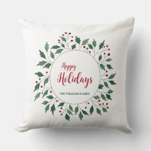 Custom Happy Holidays Wreath Throw Pillow