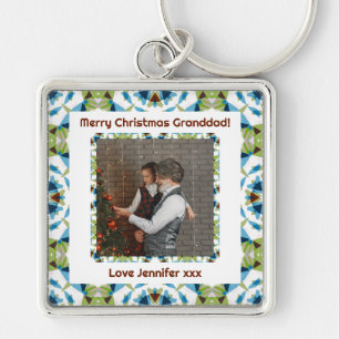 Custom Happy Merry Christmas Granddad Green Photo Key Ring