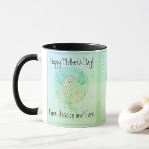 Custom Happy Mother's Day line art green roses Mug