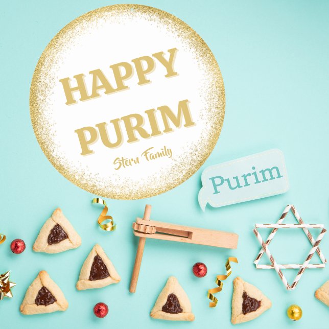  Custom Happy Purim Gold Glitter Elegant Classic Round Sticker (Creator Uploaded)