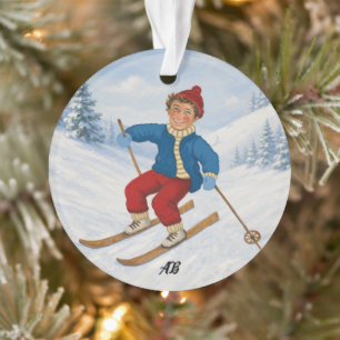 Custom Happy Skier Round Pillow Ornament