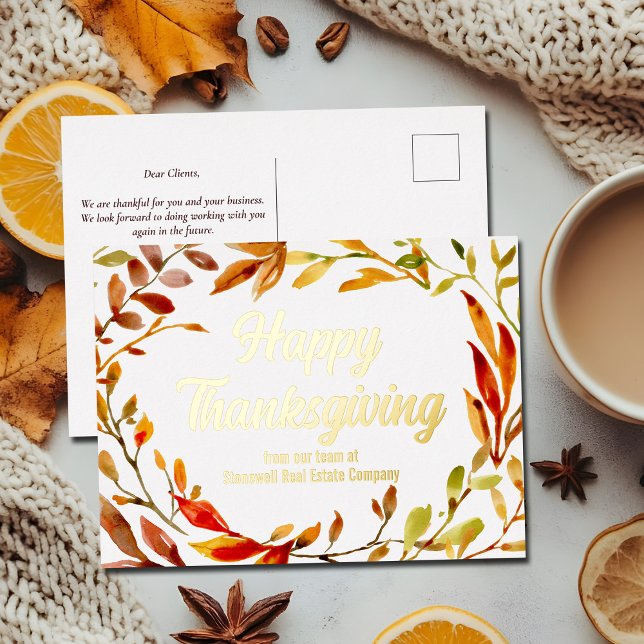 Custom Happy Thanksgiving Fall Leaves Company Gold Foil Holiday Postcard (Creator Uploaded)