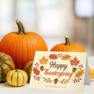 Custom Happy Thanksgiving Leaves Wreath Holiday Card