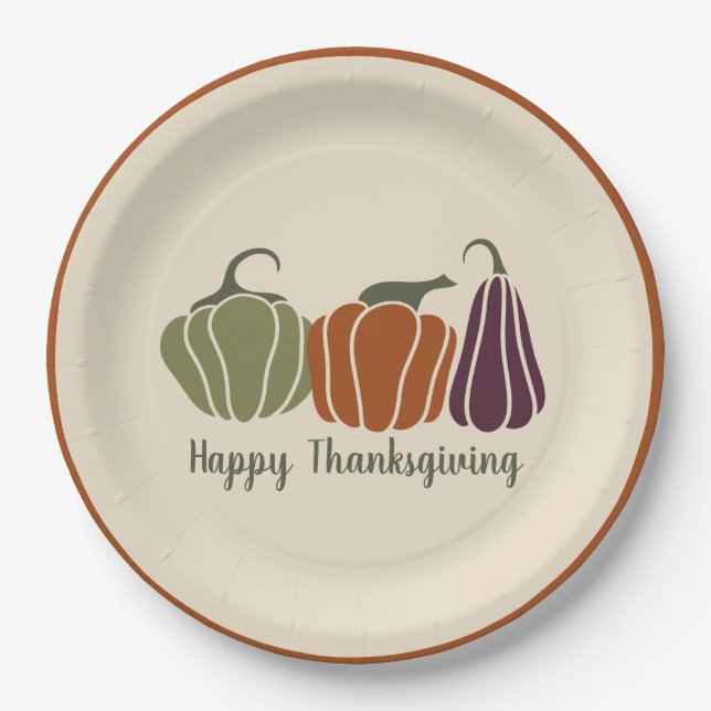 Custom Happy Thanksgiving Party Modern Pumpkins Paper Plate (Front)