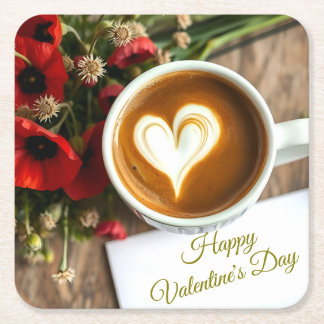 Custom Happy Valentine's Day Coffee Cup with Heart Square Paper Coaster