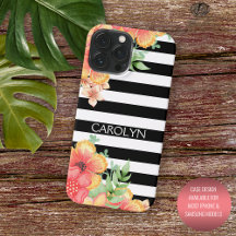 Custom Hawaii Flowers Black White Stripes Pattern