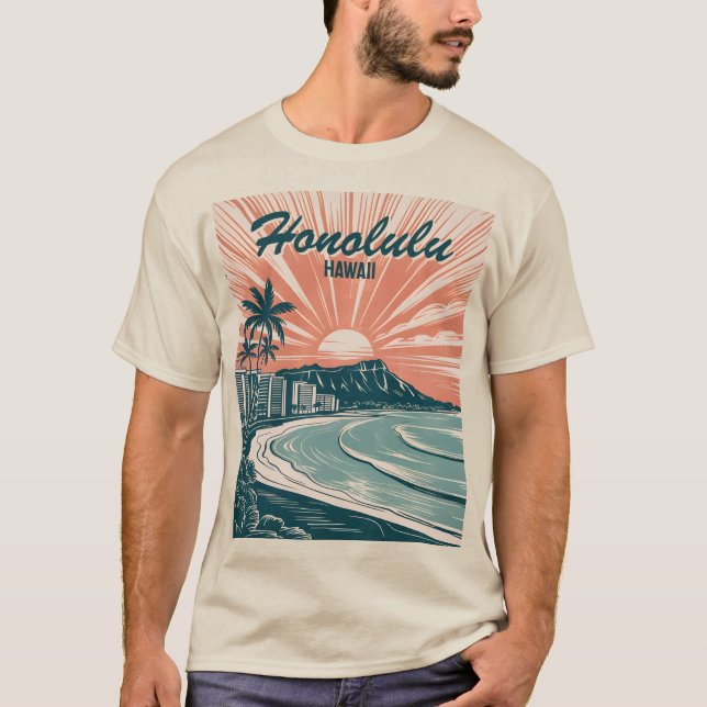 Custom Hawaii Honolulu Waikiki Beach Retro Travel T-Shirt (Front)