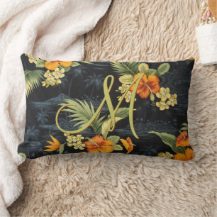 Custom Hawaiian Orange Hibiscus Flower Pattern Lumbar Cushion