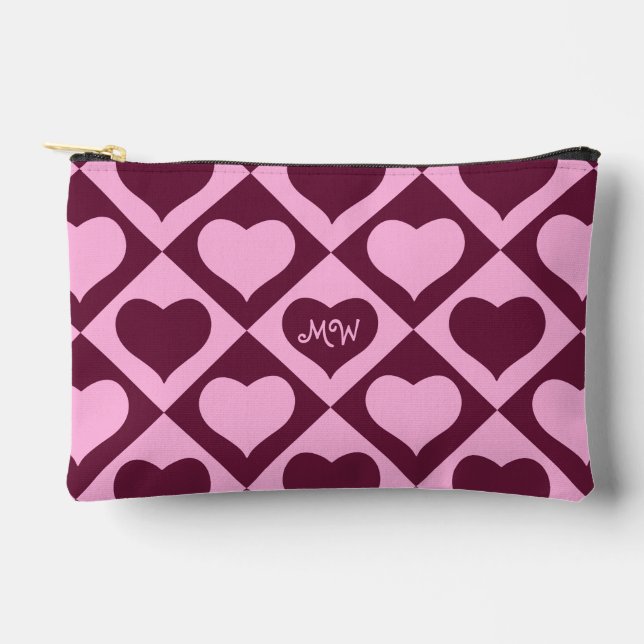 Custom Heart Checkerboard Pattern Bordeaux Pink -  Accessory Pouch (Front)