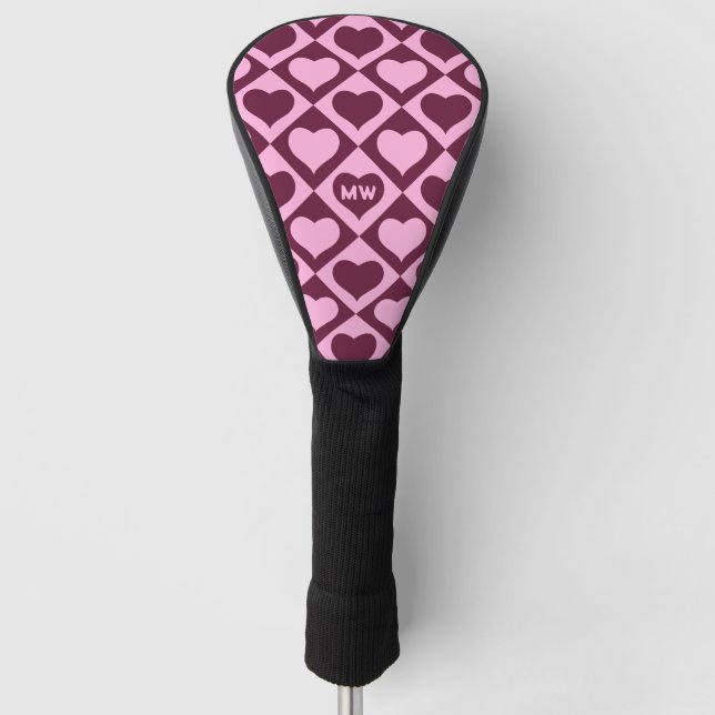 Custom Heart Checkerboard Pattern Bordeaux Pink -  Golf Head Cover (Front)