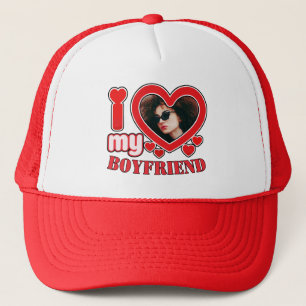 Custom Heart Photo Hat, I Love My Boyfriend Red Trucker Hat