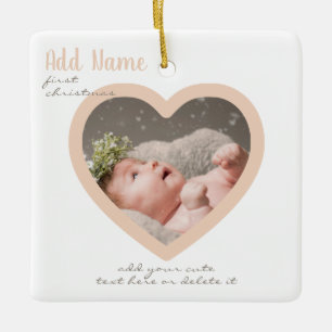 Custom Heart Photo Script Baby Girl 1st Christmas Ceramic Ornament