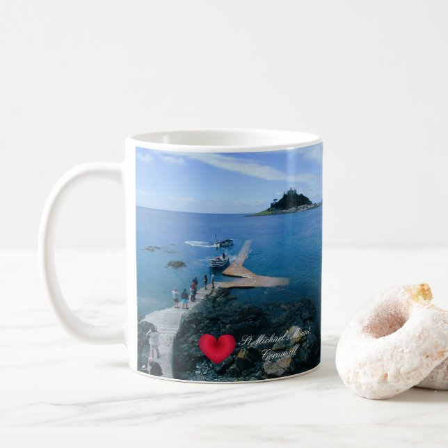 Custom Heart St Michaels Mount Cornwall with Boats Coffee Mug (With Donut)