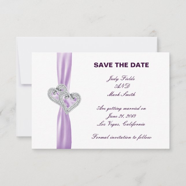 Custom Hearts Lavender Ribbon Save The Date Card (Front)