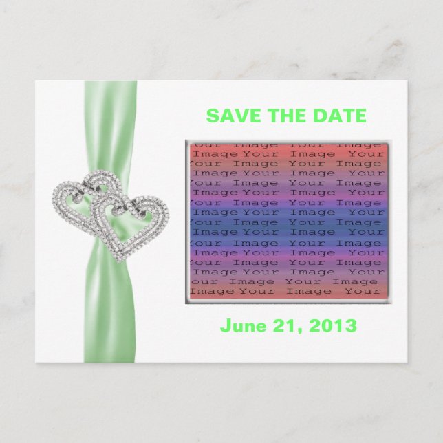 Custom Hearts Lime Ribbon Save The Date Postcard (Front)