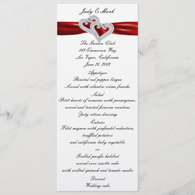 Custom Hearts Red Ribbon Menu Card (Front)