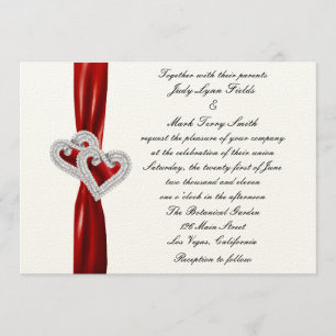 Custom Hearts Red Ribbon Wedding Invitation