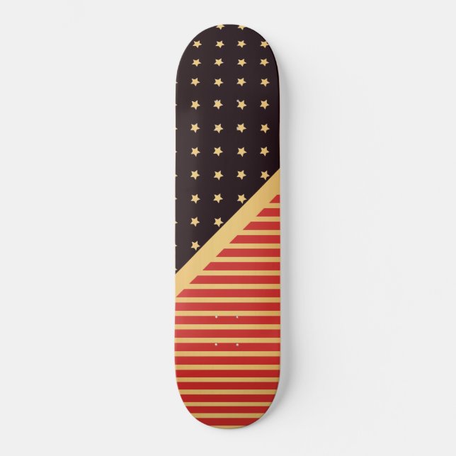 CUSTOM HEARTS & STRIPES RED BLACK GOLD PATTERN SKATEBOARD (Front)