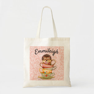 Custom Hedgehog and Stack of Colourful Teacups Tote Bag